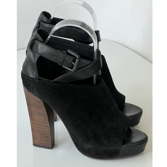ALLSAINTS Black Suede Peep Toe Bootie Cross Strap Buckle Sandals Size 36 - Picture 3 of 16